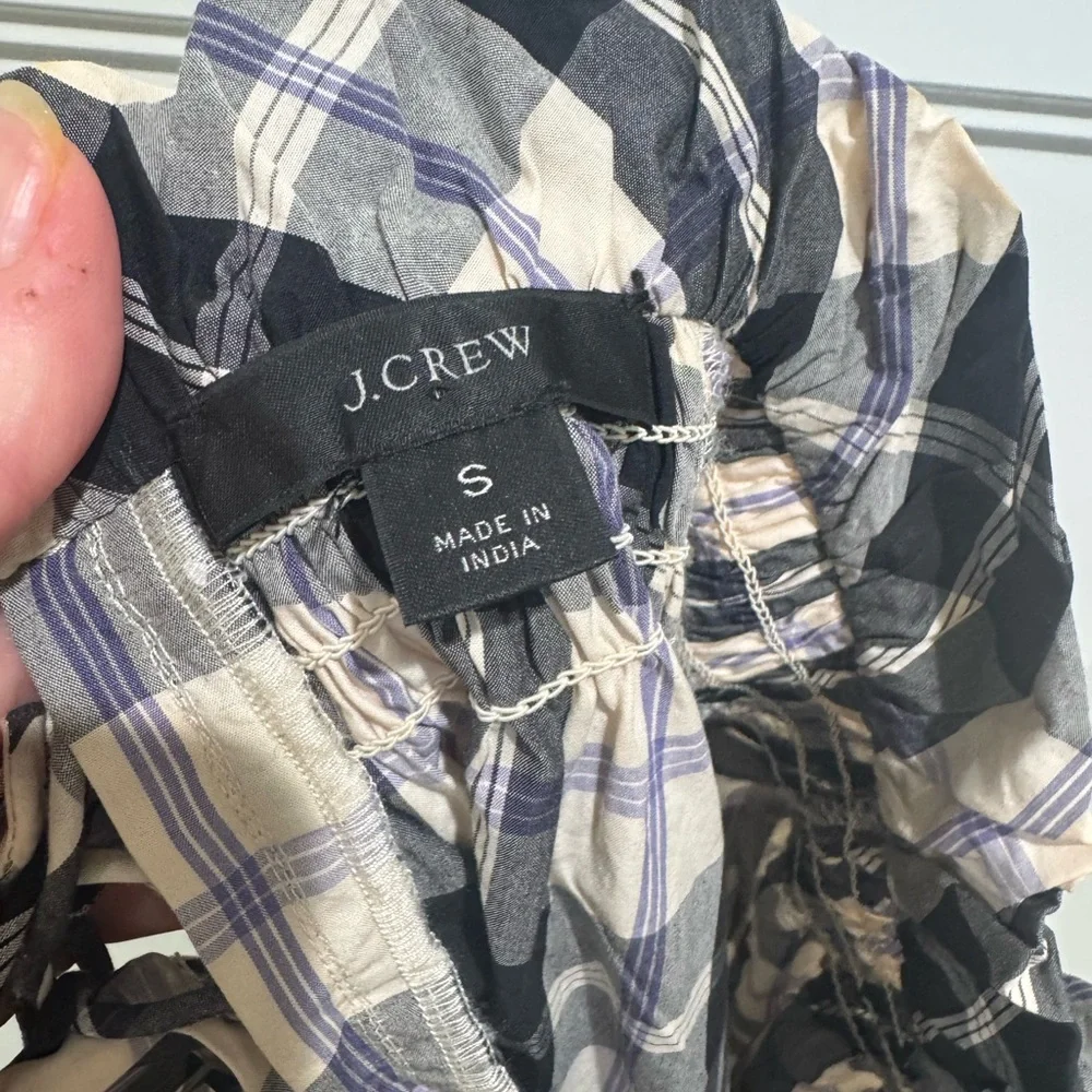 J.Crew Plaid Puff Sleeve Peasant Top Smocked Neck Cotton Blouse